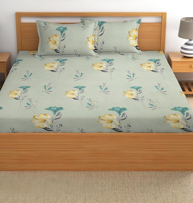 STARNSTYLE 100% Cotton Super Soft 240 Thread Count Elastic Fitted King Size Bedsheet with 2 Pillow Covers - Grey Yellow - Image 3